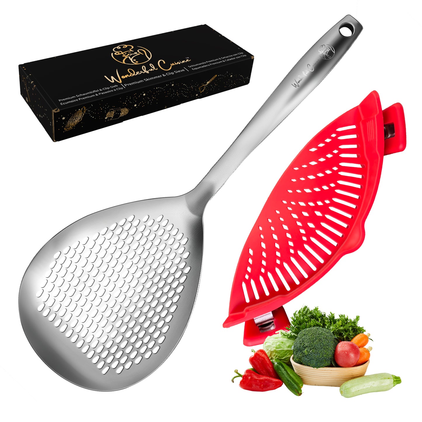 Stainless Steel Skimmer Ladle and Silicone Clip-On Strainer